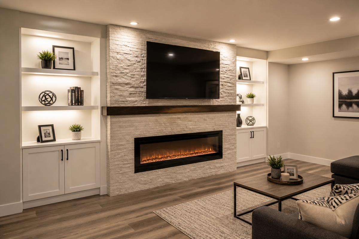 Completed basement entertainment wall with stone electric fireplace, built-in shelving and warm lighting
