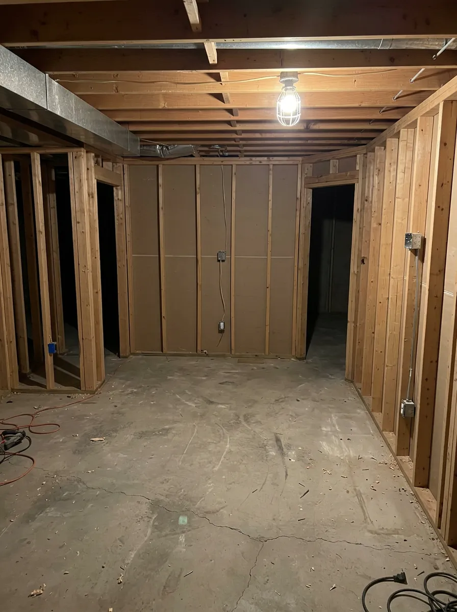 Unfinished basement with exposed stud framing, ceiling joists and bare concrete floor