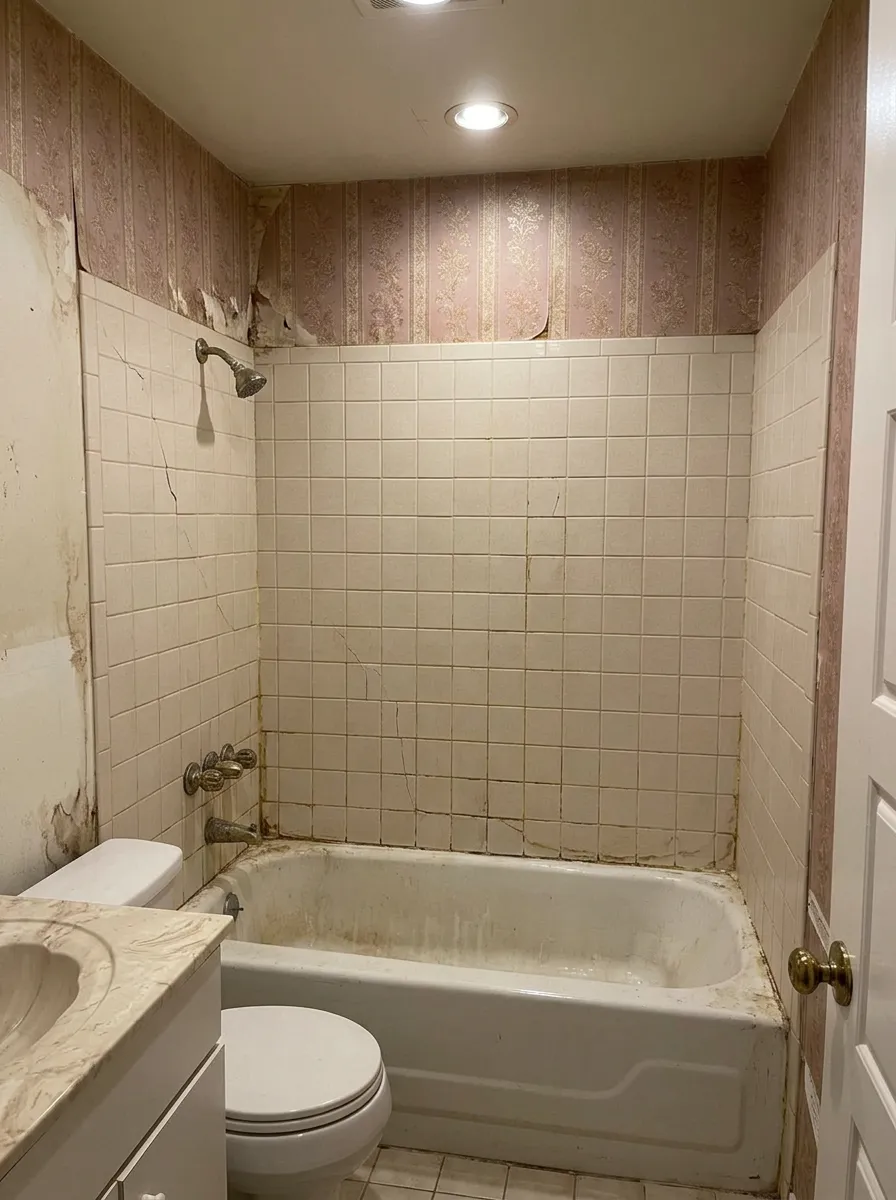 Dated bathroom with cracked beige tile surround, stained tub and old brass fixtures